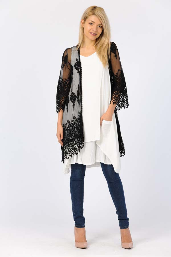 Front Open Lace Duster-Black/With Black Crochet Work